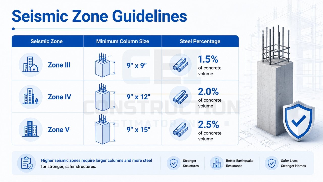 Seismic zone construction guidelines showing column size and steel reinforcement requirements for earthquake-resistant buildings