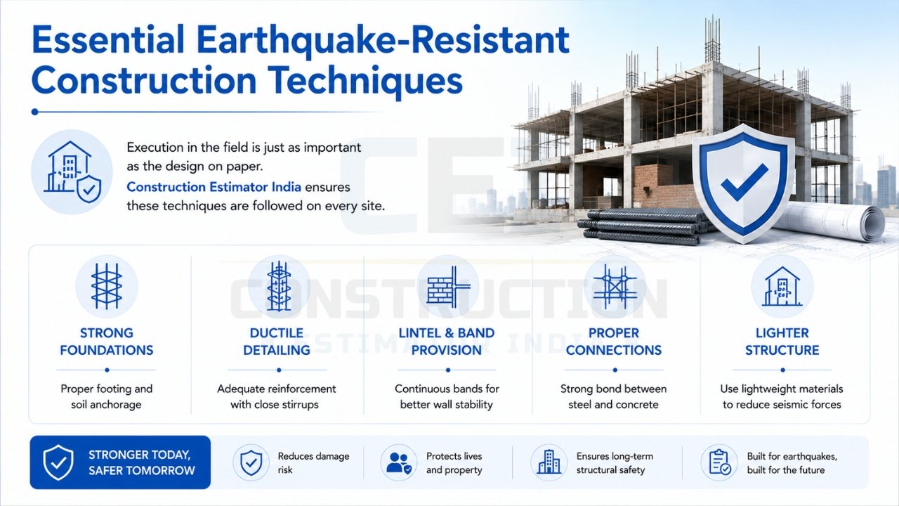 Essential earthquake-resistant construction techniques for safer buildings including strong foundations, ductile detailing, lintel bands, and proper structural connections