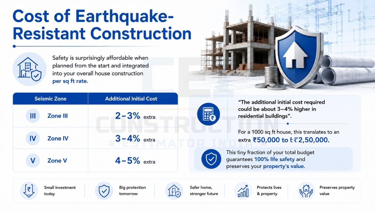 Cost of earthquake-resistant construction in India showing additional construction costs by seismic zone and long-term safety benefits