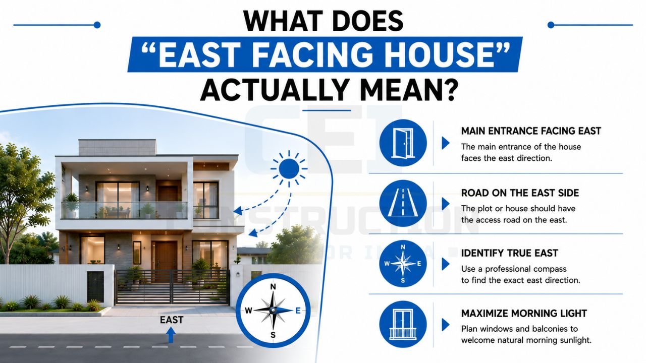 East-facing house guide explaining main entrance direction, east-side road, true east identification, and morning sunlight benefits