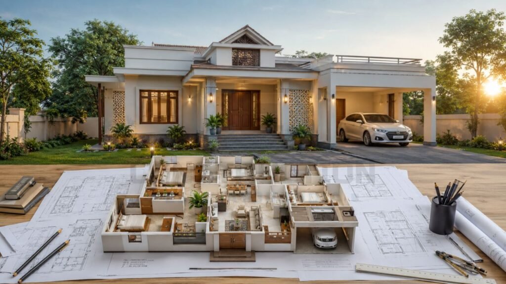 Modern single-storey house with 3D floor plan, architectural blueprint, and residential home design for construction planning