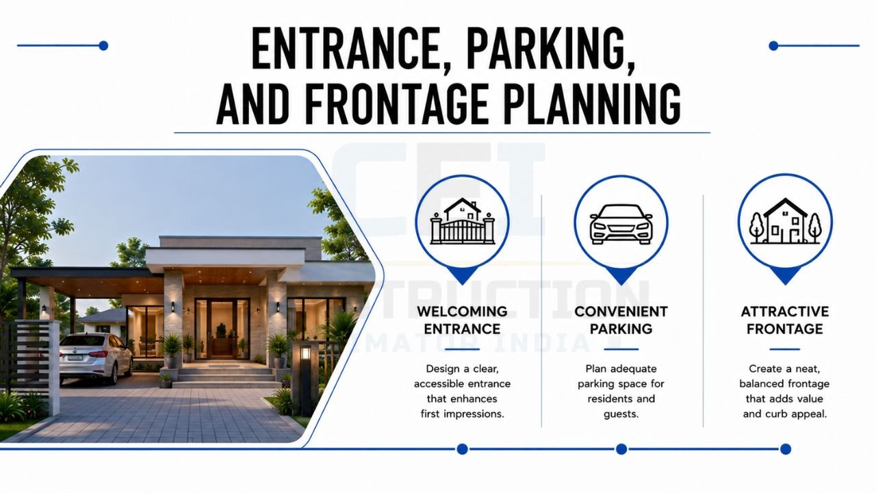 House entrance, parking, and frontage planning with welcoming entry, convenient parking, and attractive front elevation
