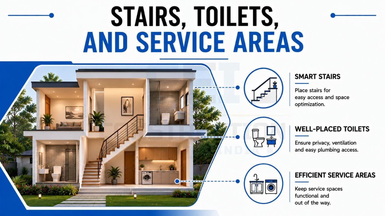 House planning guide for stairs, toilets, and service areas with smart staircase design, well-placed bathrooms, and efficient utility spaces