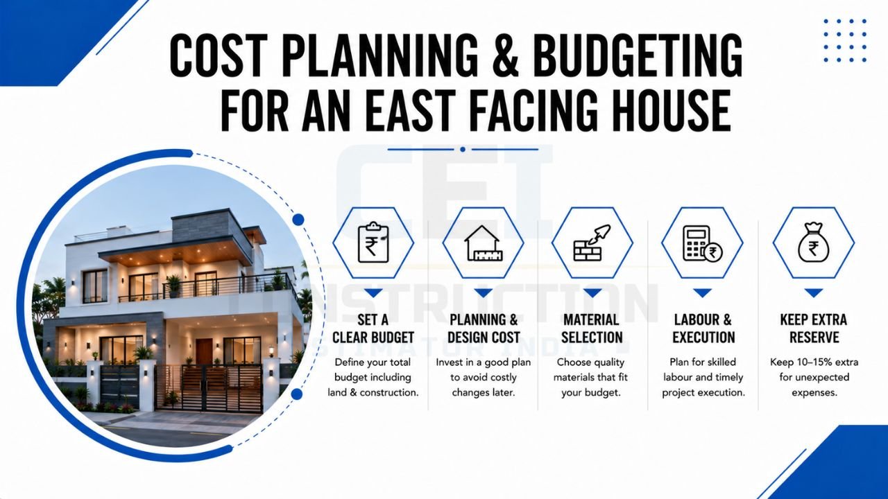 East-facing house cost planning and budgeting with budget estimation, planning costs, material selection, labour expenses, and contingency fund