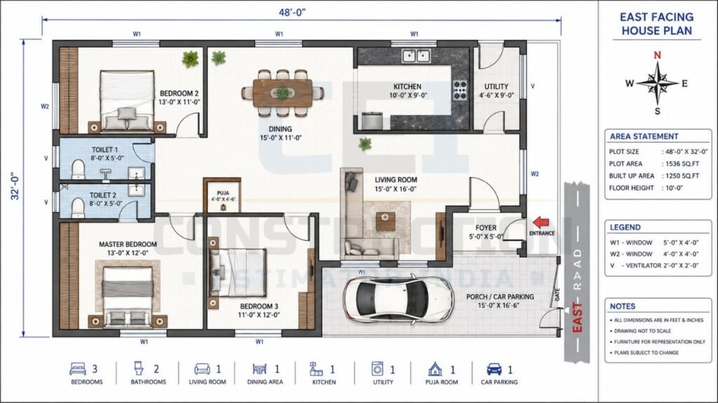 East-facing 3 BHK house plan as per Vastu showing a 48×32 floor layout with three bedrooms, two bathrooms, living room, dining area, kitchen, utility room, puja room, and car parking.