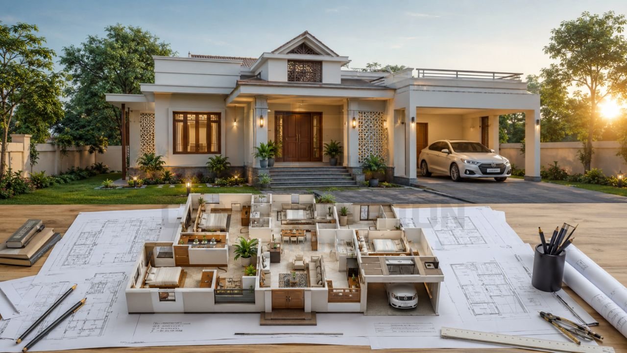 Modern single-storey house with 3D floor plan, architectural blueprint, and residential home design for construction planning