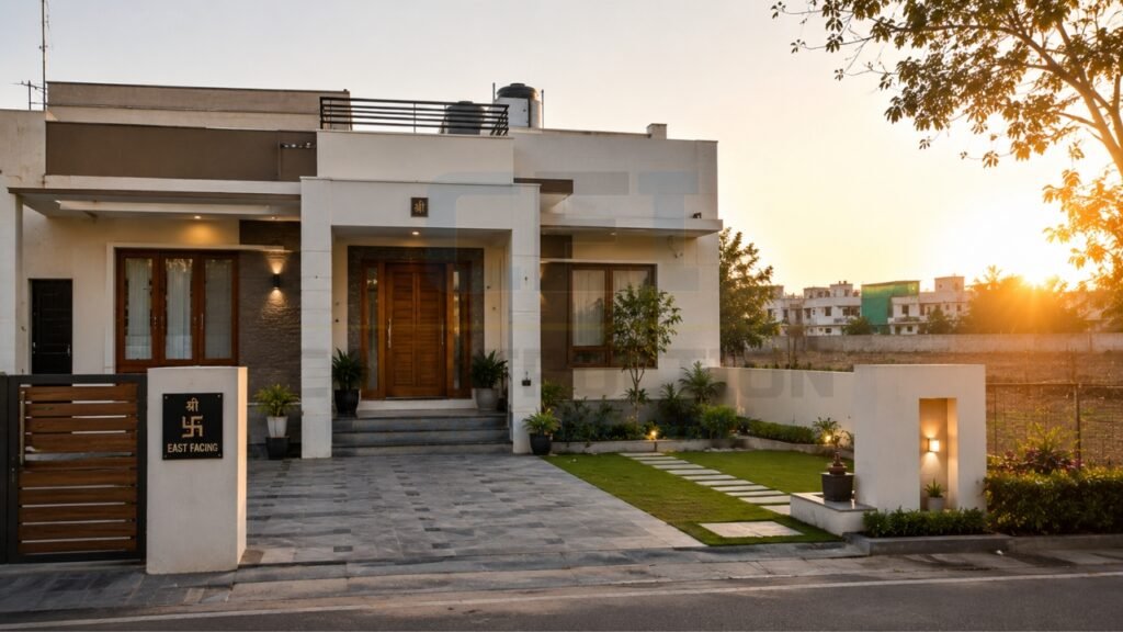East-facing modern house designed according to Vastu principles with landscaped front yard