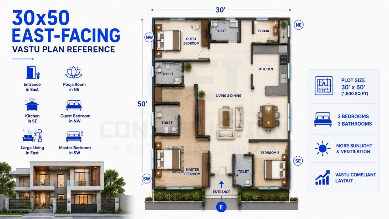30x50 east-facing house Vastu plan with ideal room placement and compliant layout