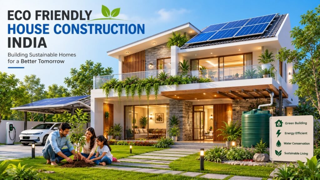 Eco-friendly house construction in India with solar panels, rainwater harvesting, and sustainable design