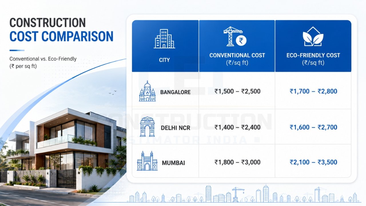 Construction cost comparison of conventional and eco-friendly homes across Bangalore, Delhi NCR, and Mumbai