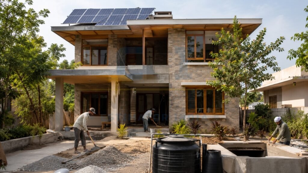 Modern sustainable house with rooftop solar panels and ongoing residential construction work