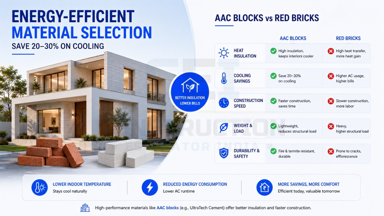AAC blocks vs red bricks comparison for energy-efficient home construction and cooling cost savings