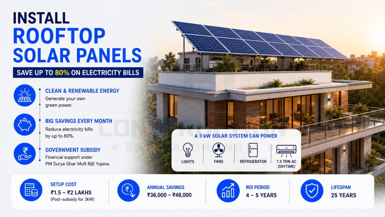 Rooftop solar panels for homes to reduce electricity bills and improve energy efficiency
