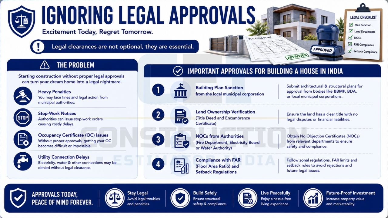 Guide explaining essential legal approvals required before house construction in India, including building plan sanctions, land verification, NOCs, and FAR compliance.