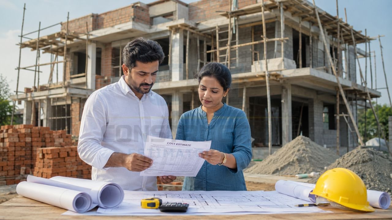 Homeowners reviewing a house construction cost estimate and building plans at a residential construction site with an under-construction building in the background