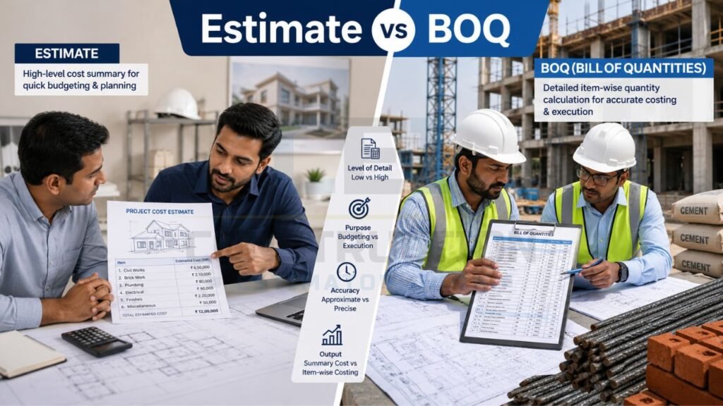 Estimate vs BOQ comparison in construction showing budget estimation, quantity takeoff, cost planning, item-wise costing, and project execution differences