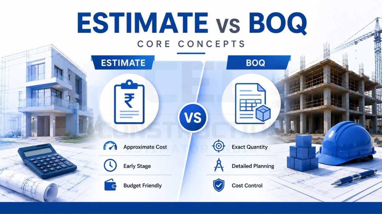 Estimate vs BOQ comparison in construction highlighting approximate cost estimation versus detailed quantity-based costing for budgeting, planning, and cost control