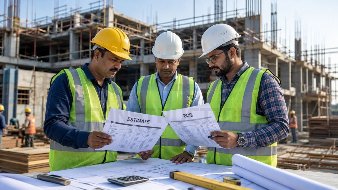 Construction professionals comparing estimate and BOQ documents at a residential construction site to review project costs, quantities, and budgeting details
