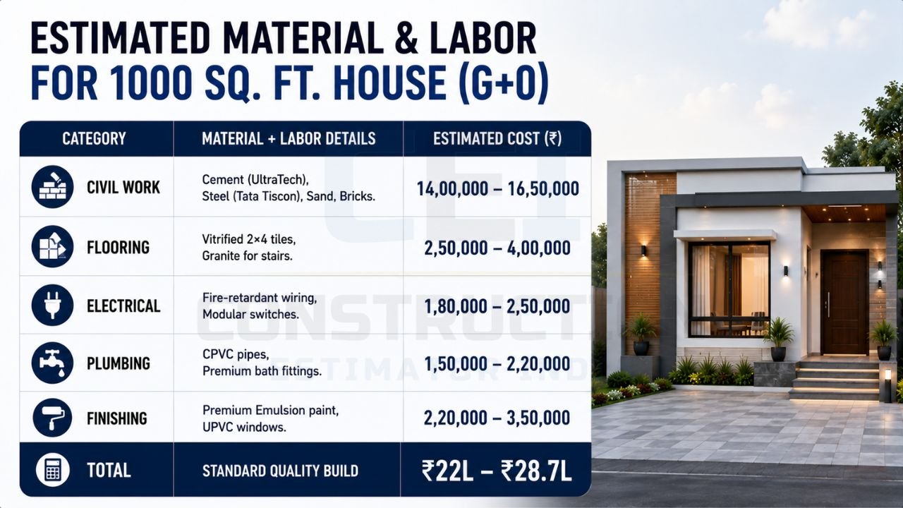 Infographic showing material and labor cost estimates for a standard 1000 sq ft house, including civil work, flooring, electrical, plumbing, finishing, and total construction budget.