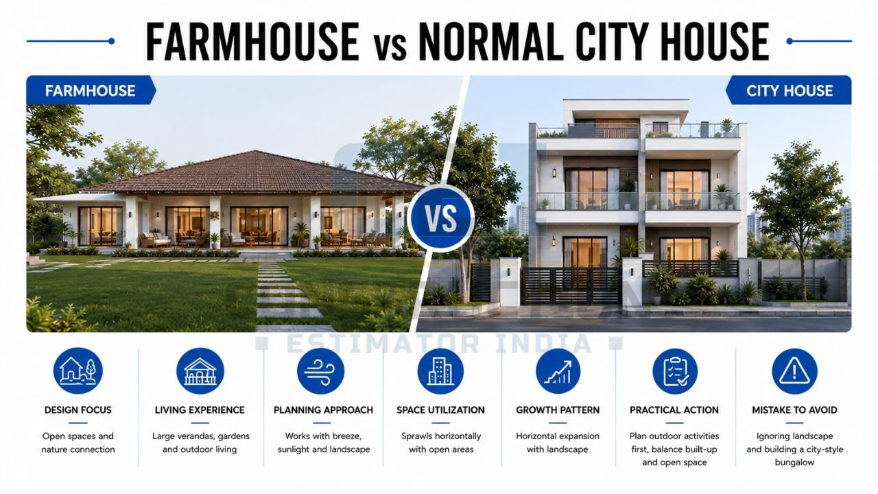 Farmhouse vs normal city house comparison showing design, space utilization, lifestyle, and planning differences
