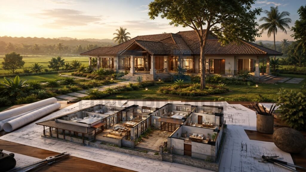 Modern single-storey house design with 3D floor plan, architectural blueprint, and residential home planning