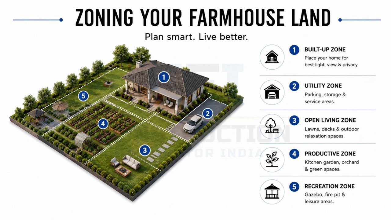 Farmhouse land zoning plan showing built-up, utility, open living, productive, and recreation zones for efficient layout planning