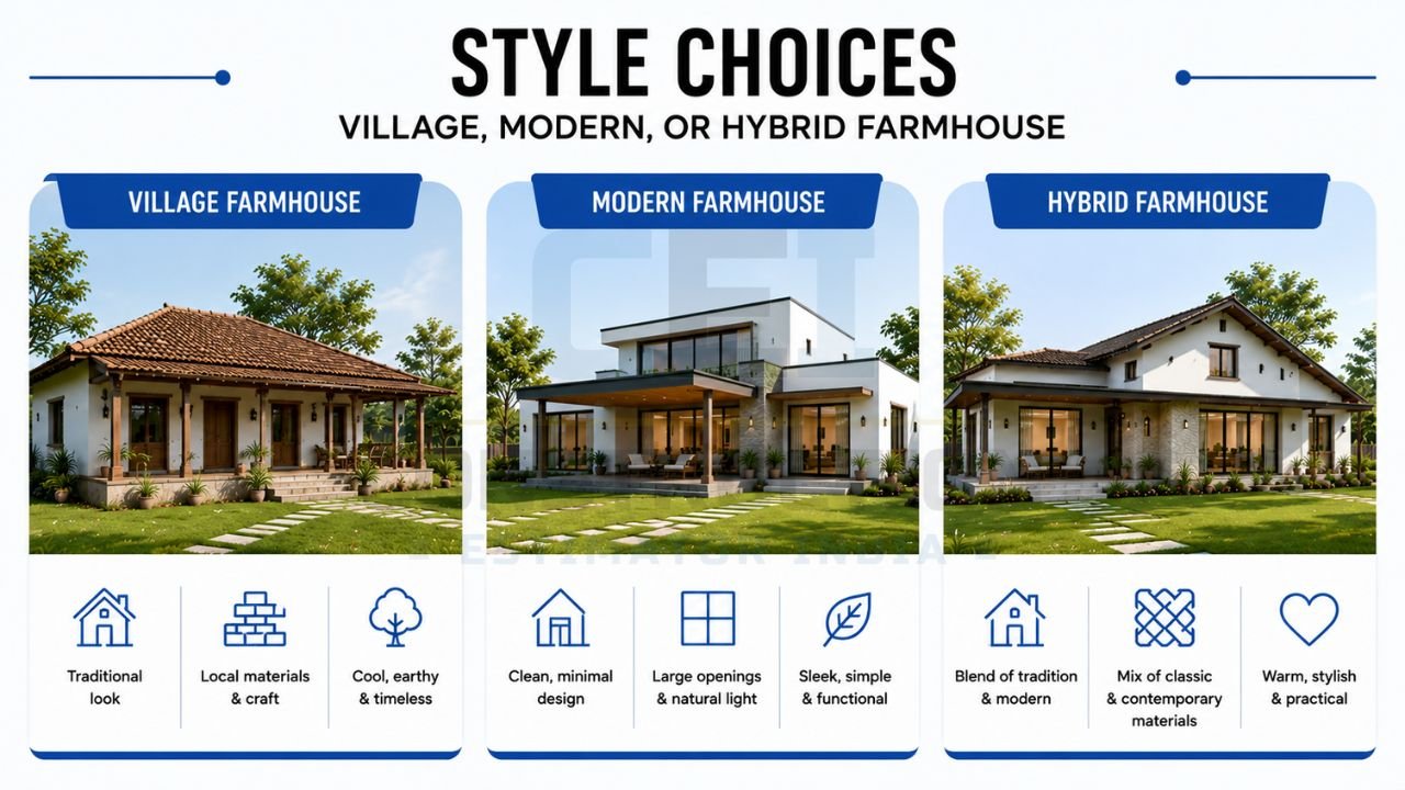 Farmhouse style comparison showing village, modern, and hybrid farmhouse designs with key architectural features