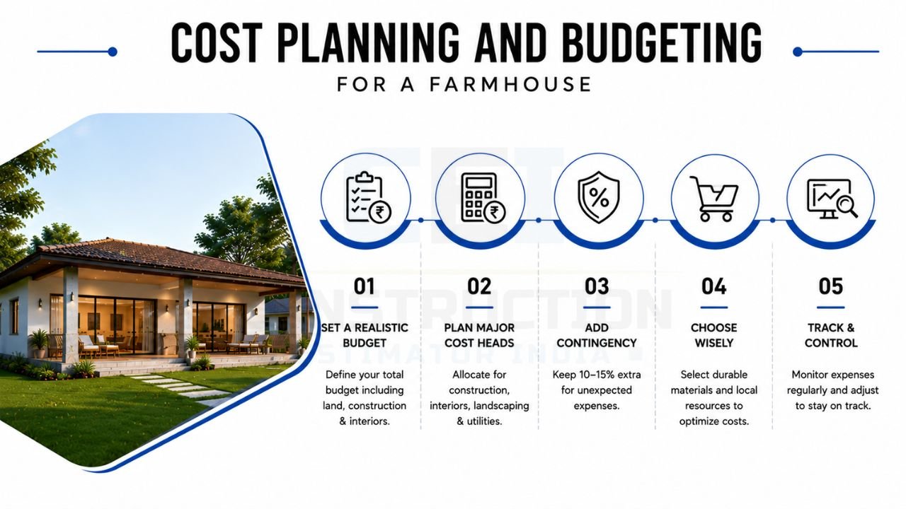Farmhouse cost planning and budgeting guide with construction budget, cost estimation, contingency, and expense tracking