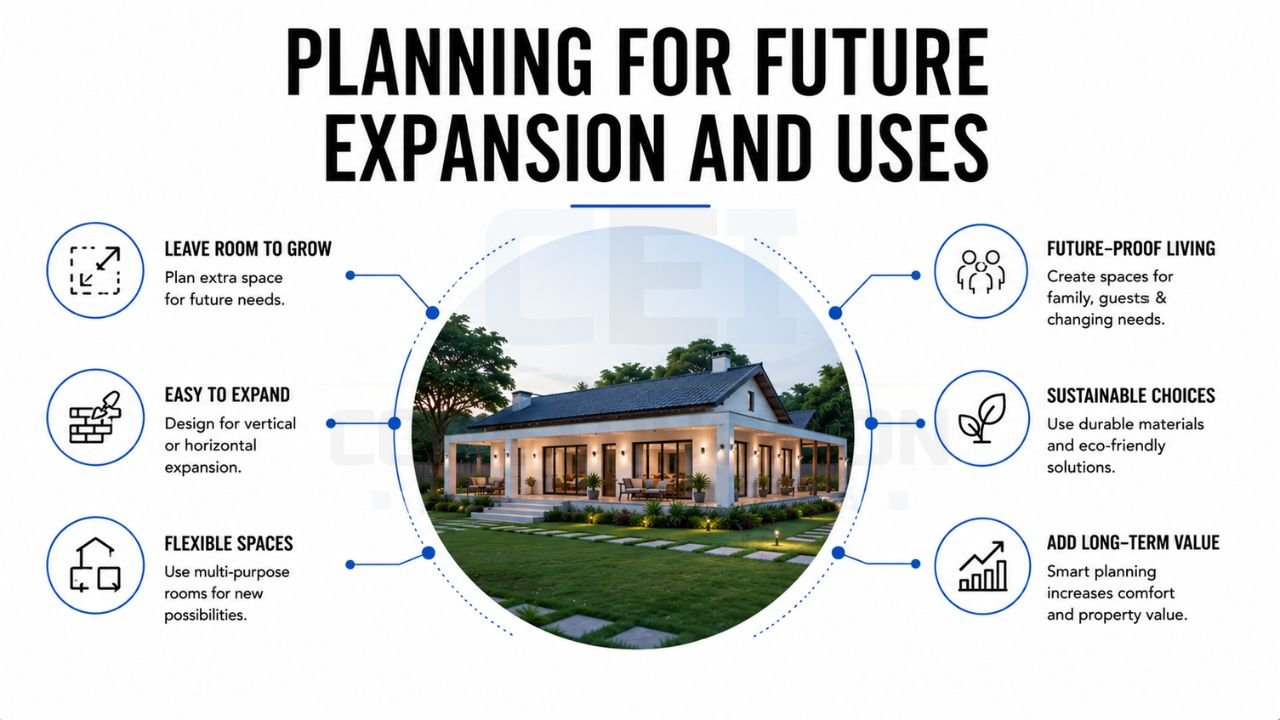 Future farmhouse planning with expansion-ready design, flexible spaces, sustainable features, and long-term property value
