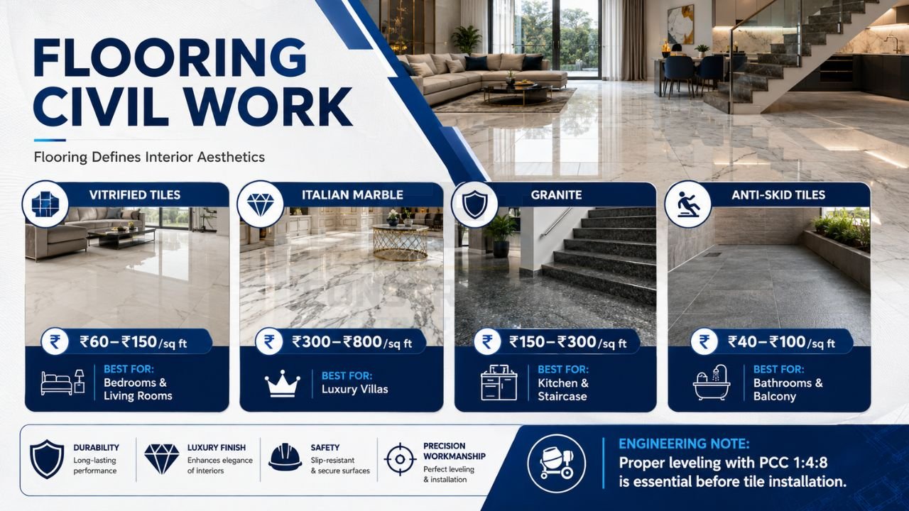 Flooring civil work showing vitrified tiles, Italian marble, granite flooring, anti-skid tiles, and professional floor installation for residential construction
