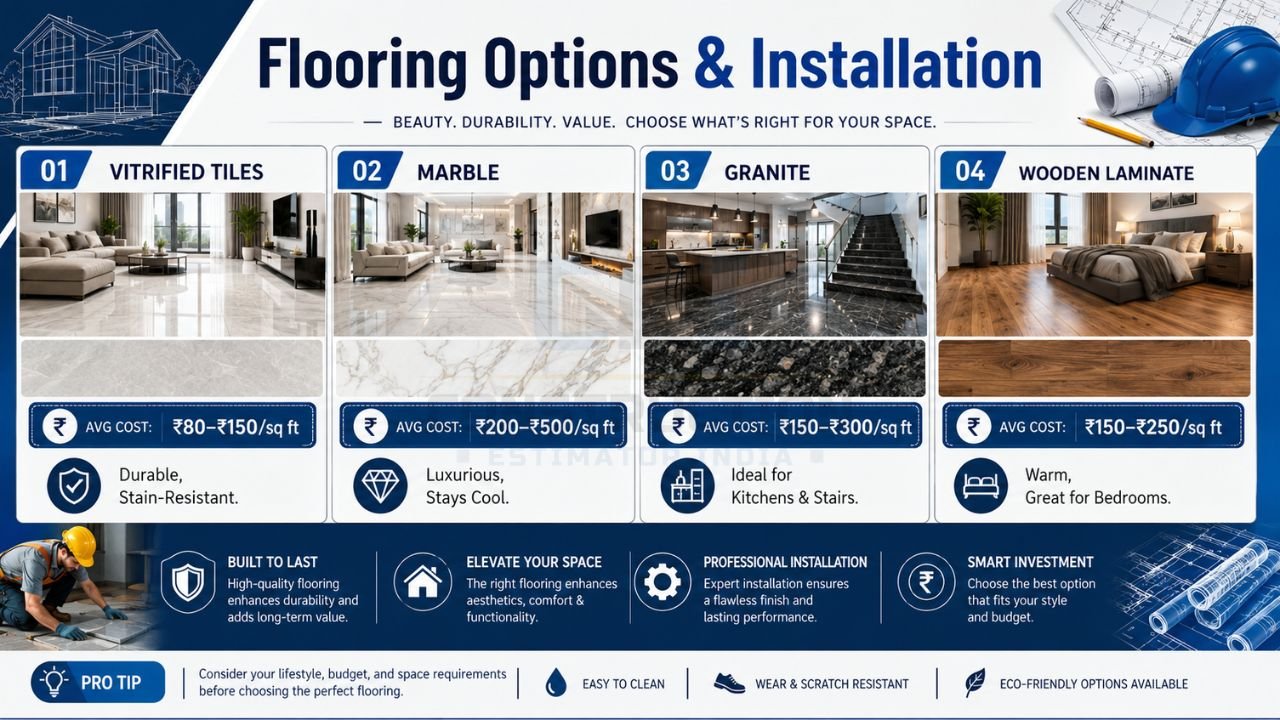 Flooring options and installation guide comparing vitrified tiles, marble, granite, and wooden laminate flooring with costs and benefits