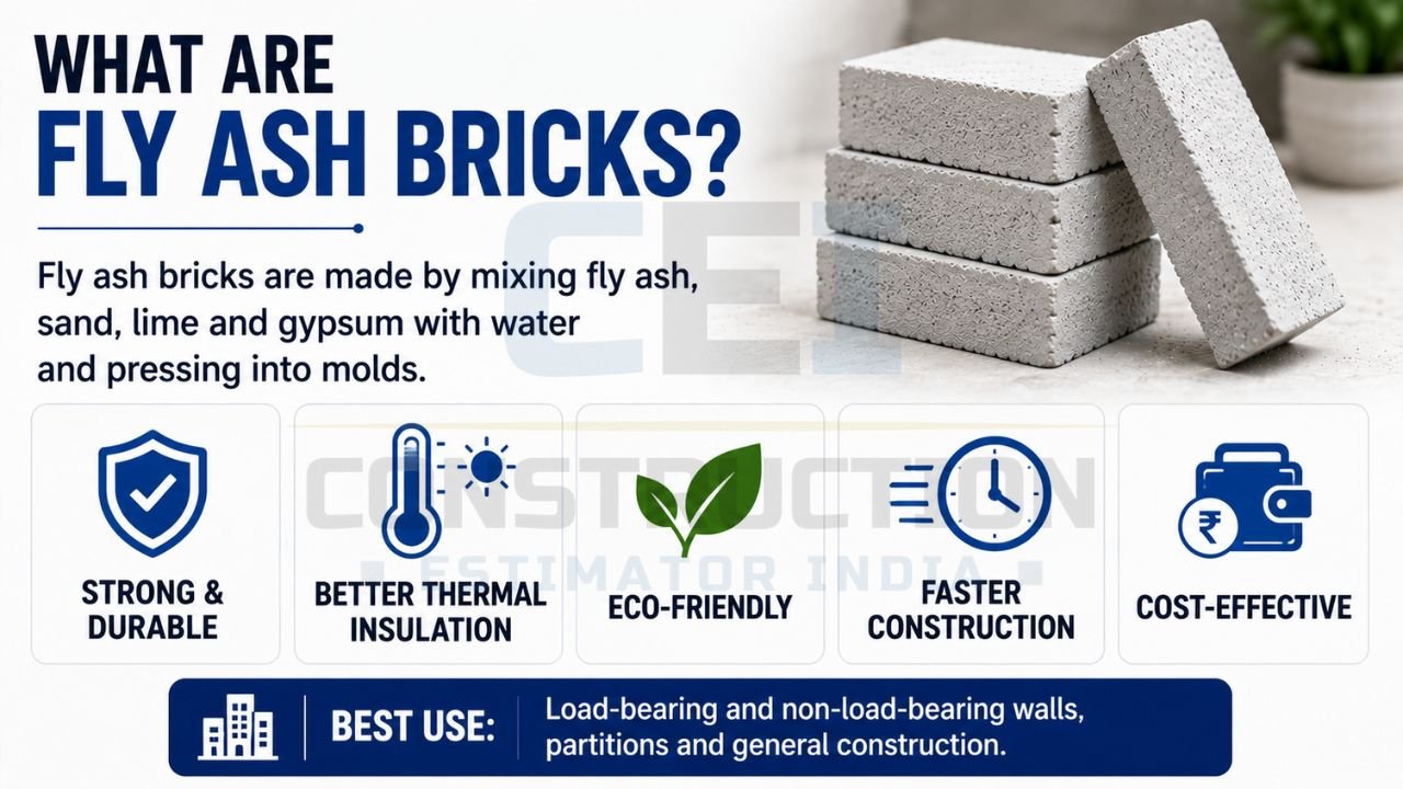 Infographic explaining fly ash bricks, their manufacturing process, benefits, and ideal applications.