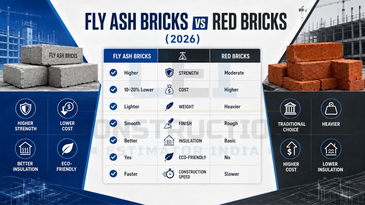 Construction infographic comparing fly ash bricks and red bricks in India based on strength, thermal insulation, sustainability, durability, and cost effectiveness.