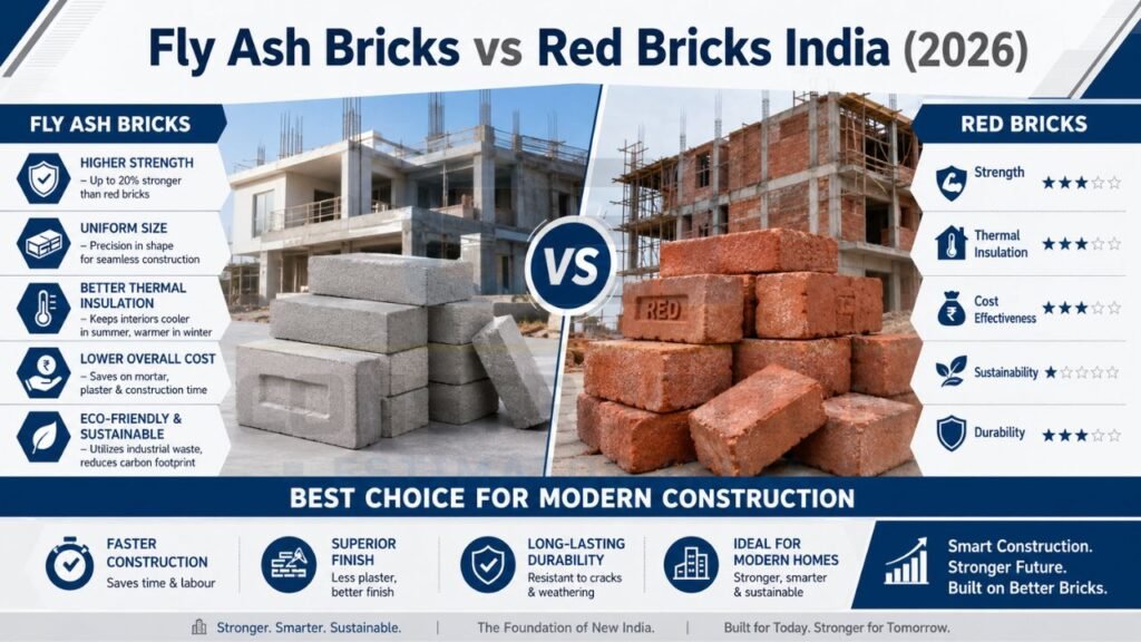 Detailed comparison between fly ash bricks and red bricks based on strength, cost, insulation, weight, sustainability, and construction speed.