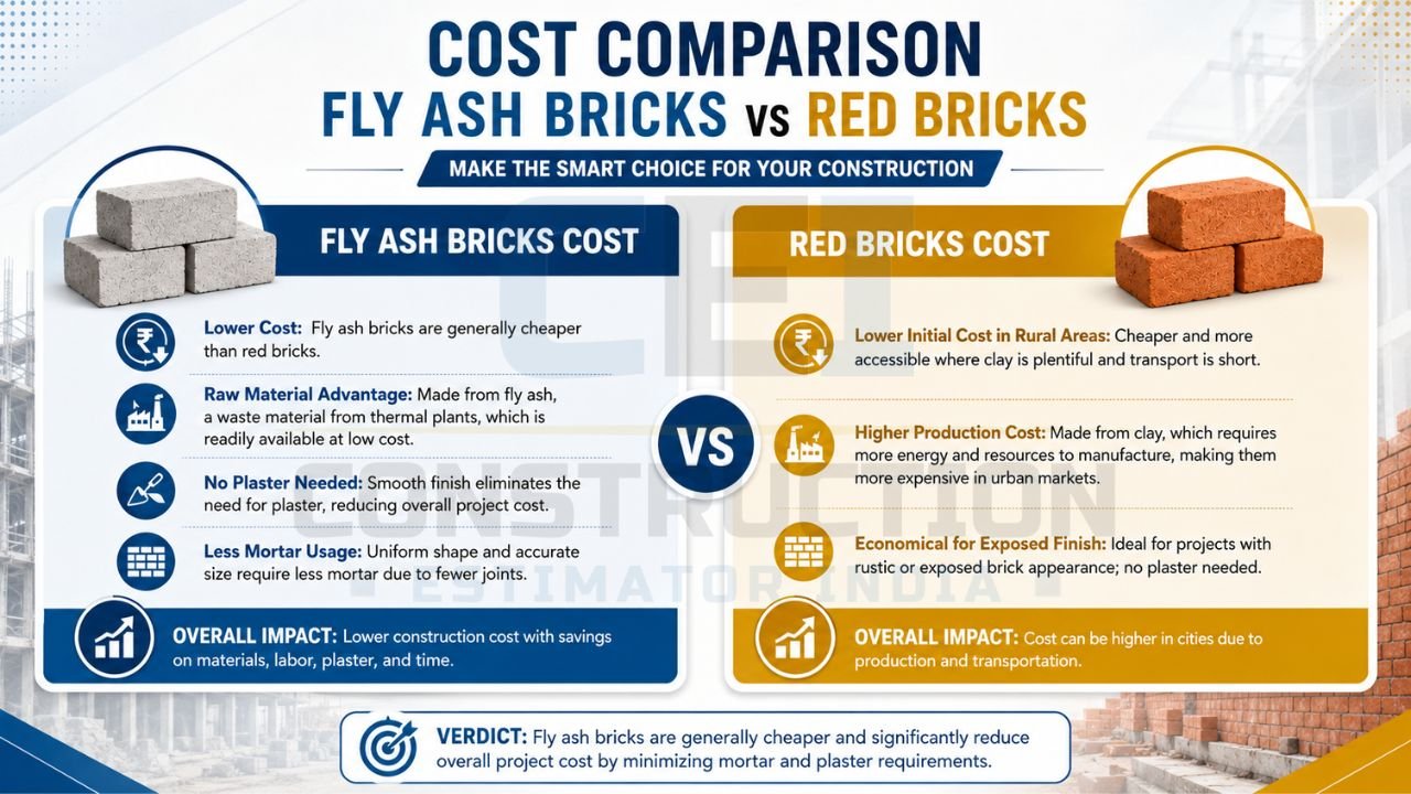 Cost comparison infographic showing the financial advantages and disadvantages of fly ash bricks and red bricks in construction projects.