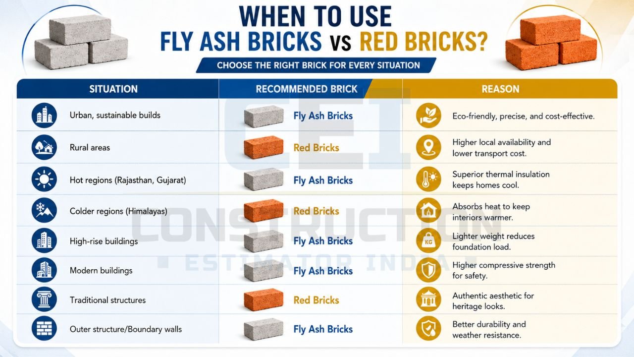 Comparison chart showing when to use fly ash bricks and red bricks based on location, climate, building type, and construction requirements.