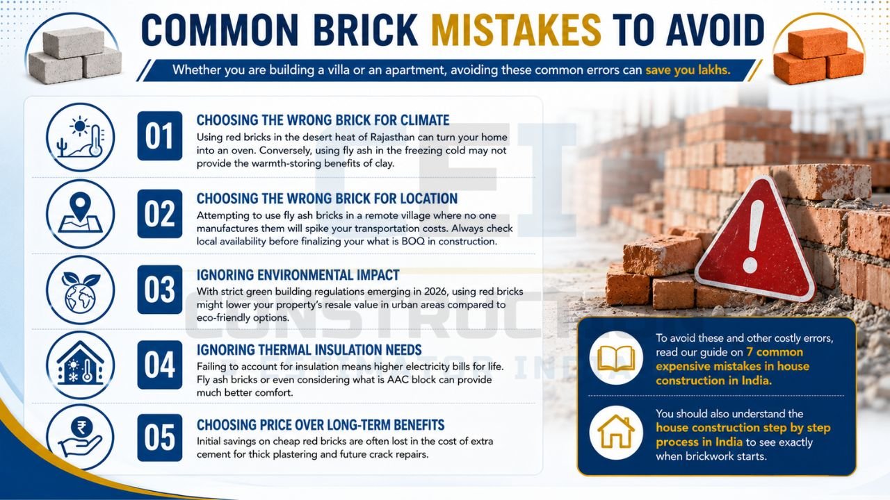 Infographic highlighting common brick selection mistakes in house construction, including climate, location, insulation, environmental impact, and cost considerations.