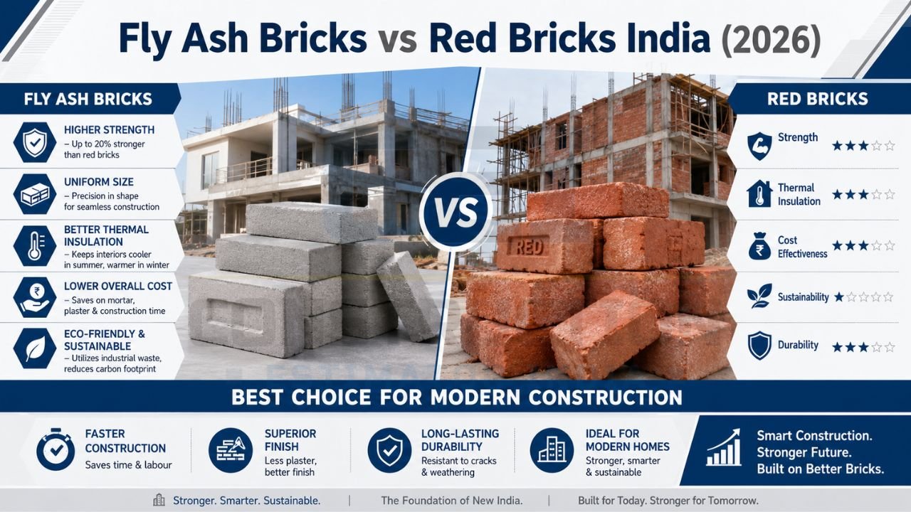 Detailed comparison between fly ash bricks and red bricks based on strength, cost, insulation, weight, sustainability, and construction speed.