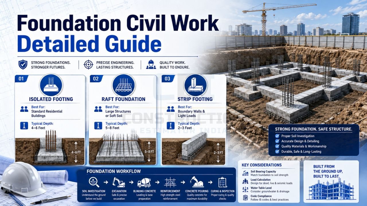 Foundation civil work guide showing isolated footing, raft foundation, strip footing, excavation, reinforcement, and concrete foundation construction process