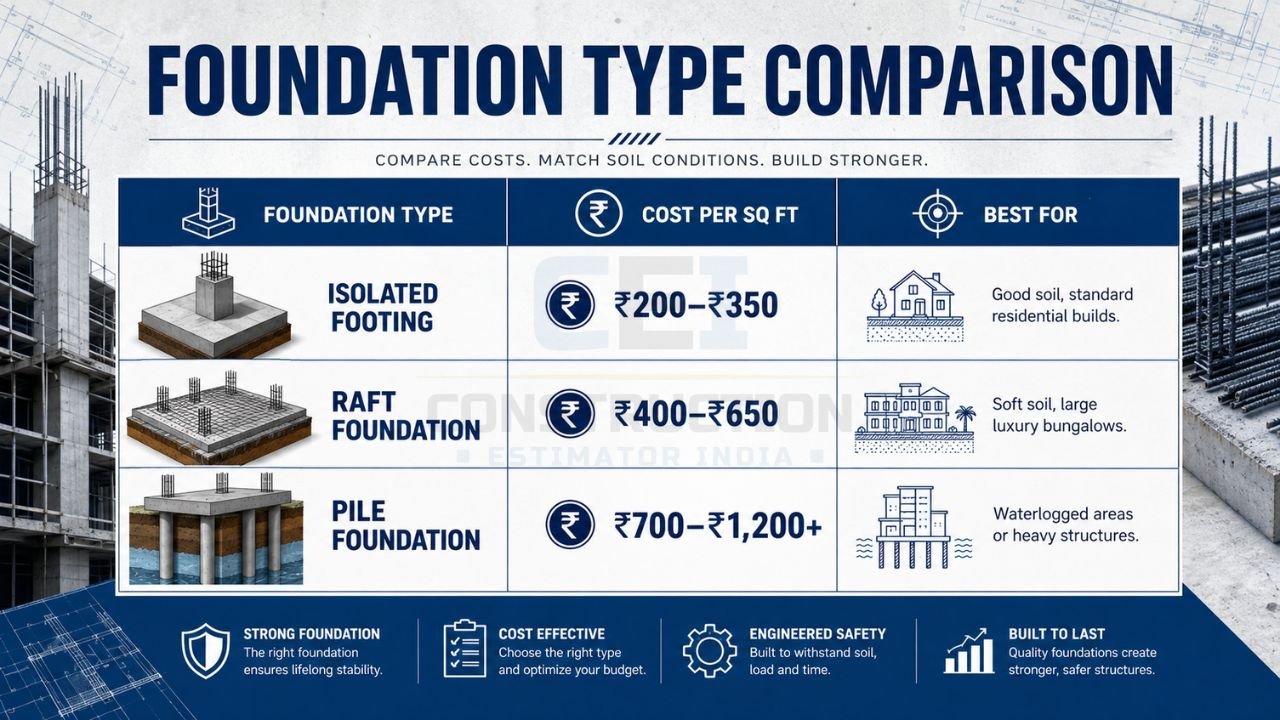 Foundation type comparison chart showing isolated footing, raft foundation, and pile foundation costs, applications, and soil suitability in construction