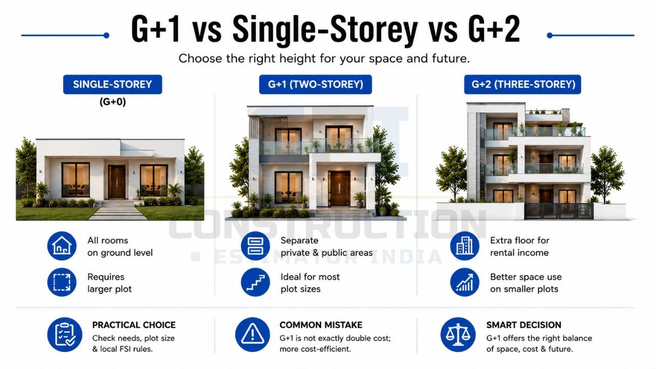 Comparison of single-storey, G+1, and G+2 house designs showing layout benefits, space efficiency, plot suitability, and future expansion options