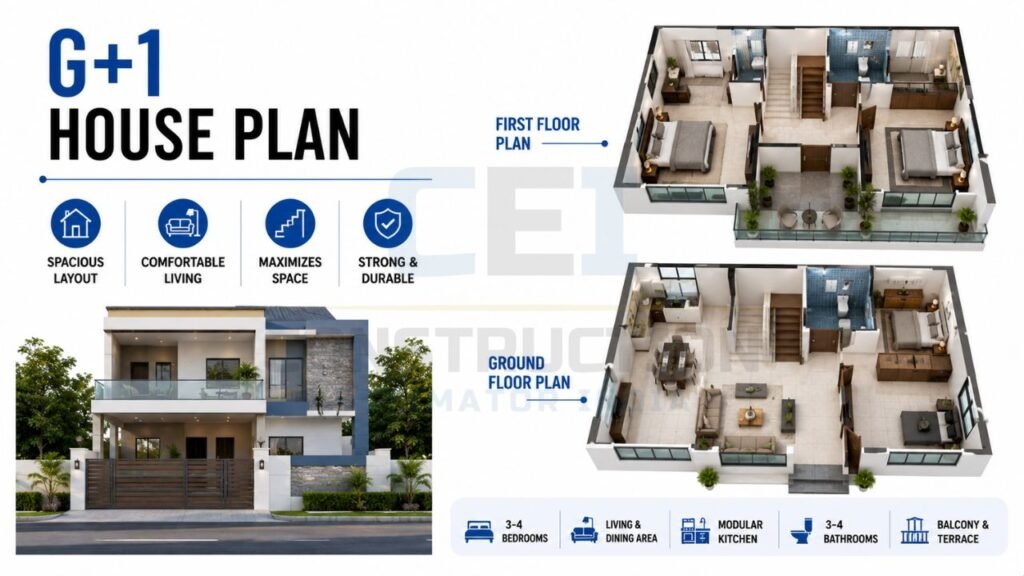 G+1 house plan featuring ground and first floor layouts with 3–4 bedrooms, spacious living and dining areas, modular kitchen, multiple bathrooms, balcony, and terrace