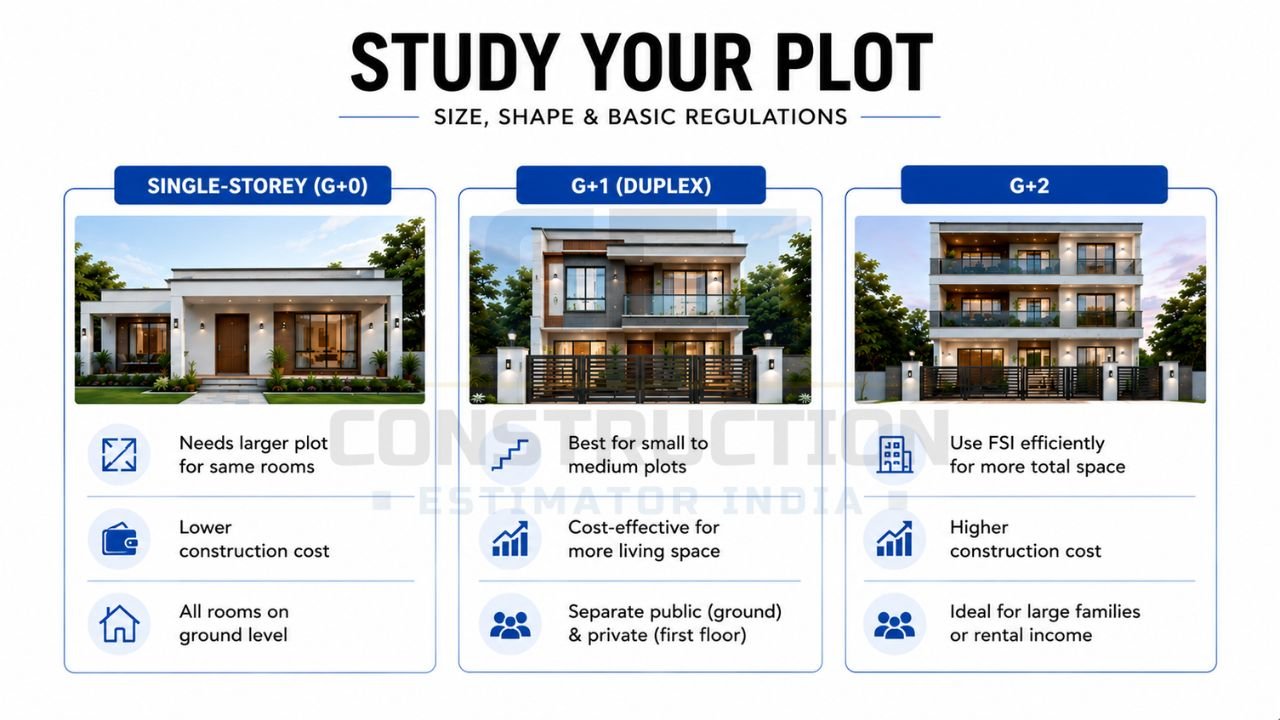 Comparison of single-storey, G+1 duplex, and G+2 house options based on plot size, construction cost, space efficiency, and family needs