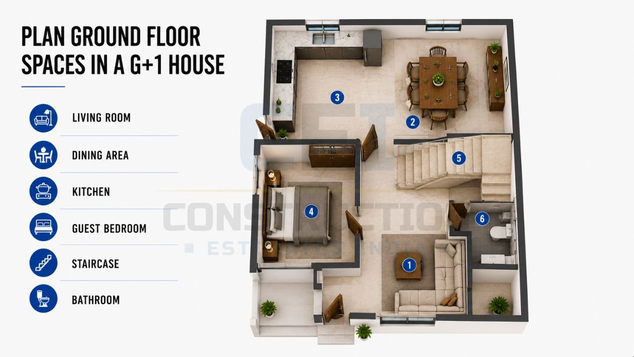 Ground floor plan for a G+1 house featuring a living room, dining area, kitchen, guest bedroom, staircase, and bathroom in an efficient residential layout