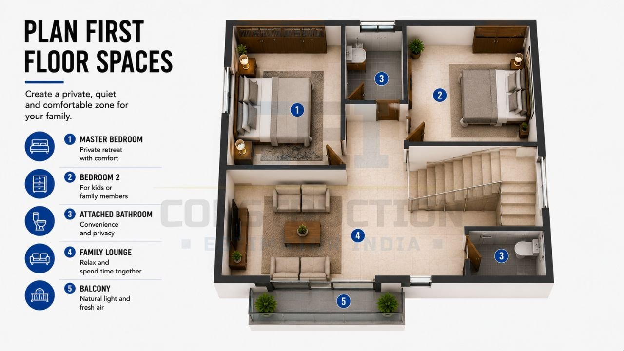 First floor plan for a G+1 house featuring a master bedroom, second bedroom, attached bathrooms, family lounge, balcony, and central staircase