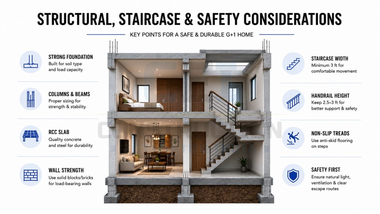 Structural, staircase, and safety considerations for a G+1 house including foundation, RCC, staircase design, and safe construction