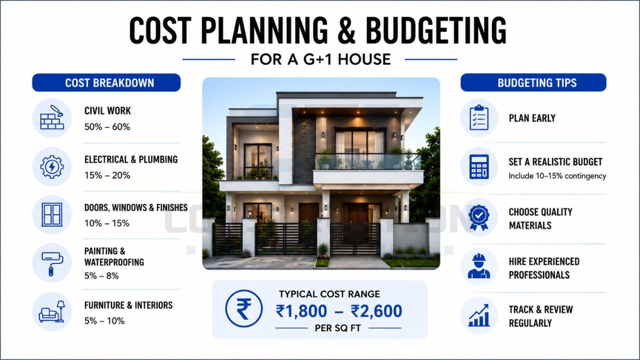 Cost planning and budgeting for a G+1 house with construction cost breakdown, budgeting tips, and estimated cost per sq ft