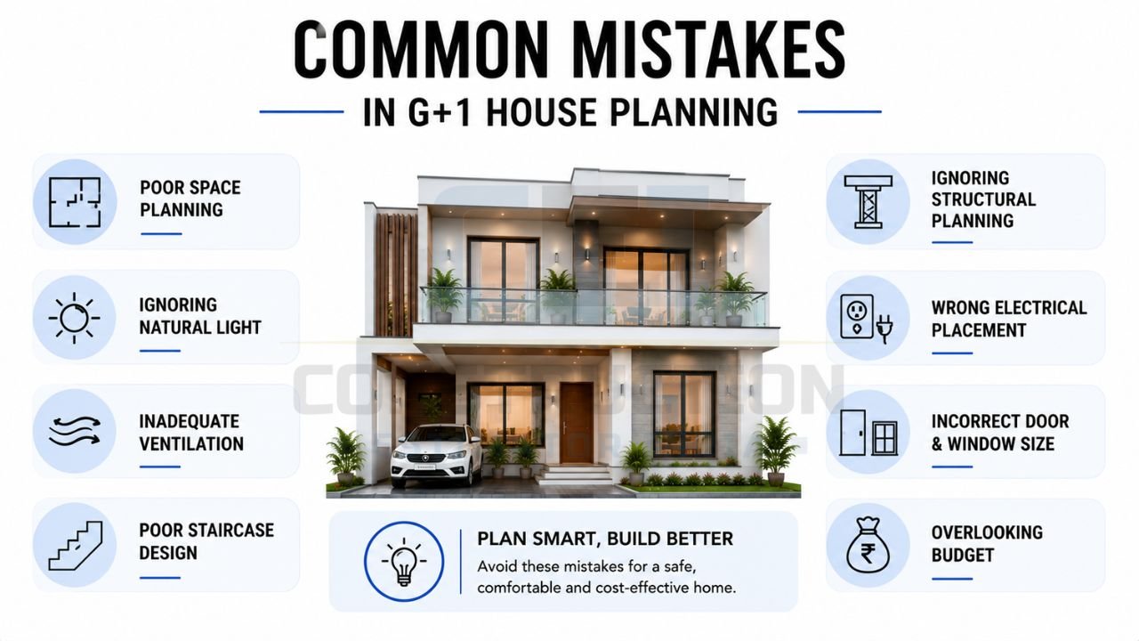 Common mistakes in G+1 house planning including poor space planning, structural design, ventilation, staircase layout, electrical planning, and budgeting