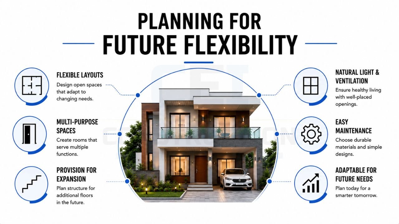 Planning for future flexibility in a G+1 house with adaptable layouts, expansion options, natural ventilation, and easy maintenance