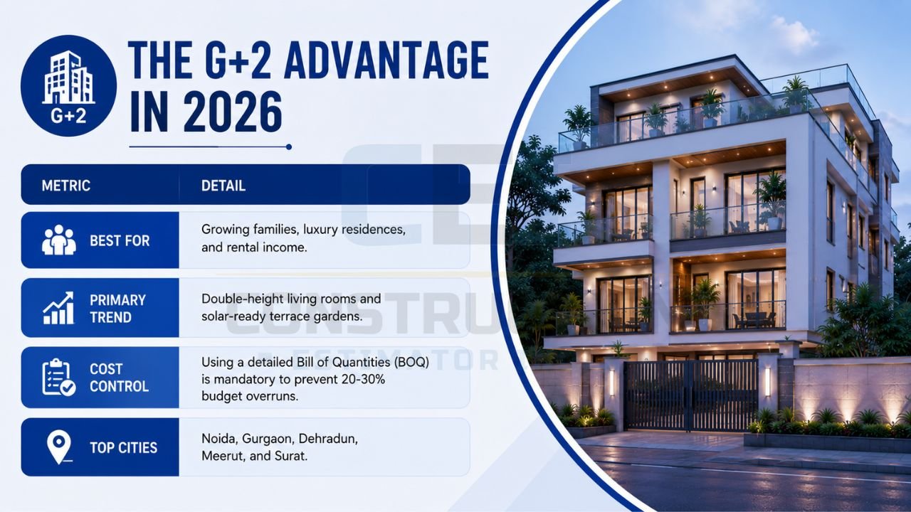 Infographic highlighting the advantages of G+2 homes, including rental income, luxury living, cost control, modern design trends, and best cities for construction.